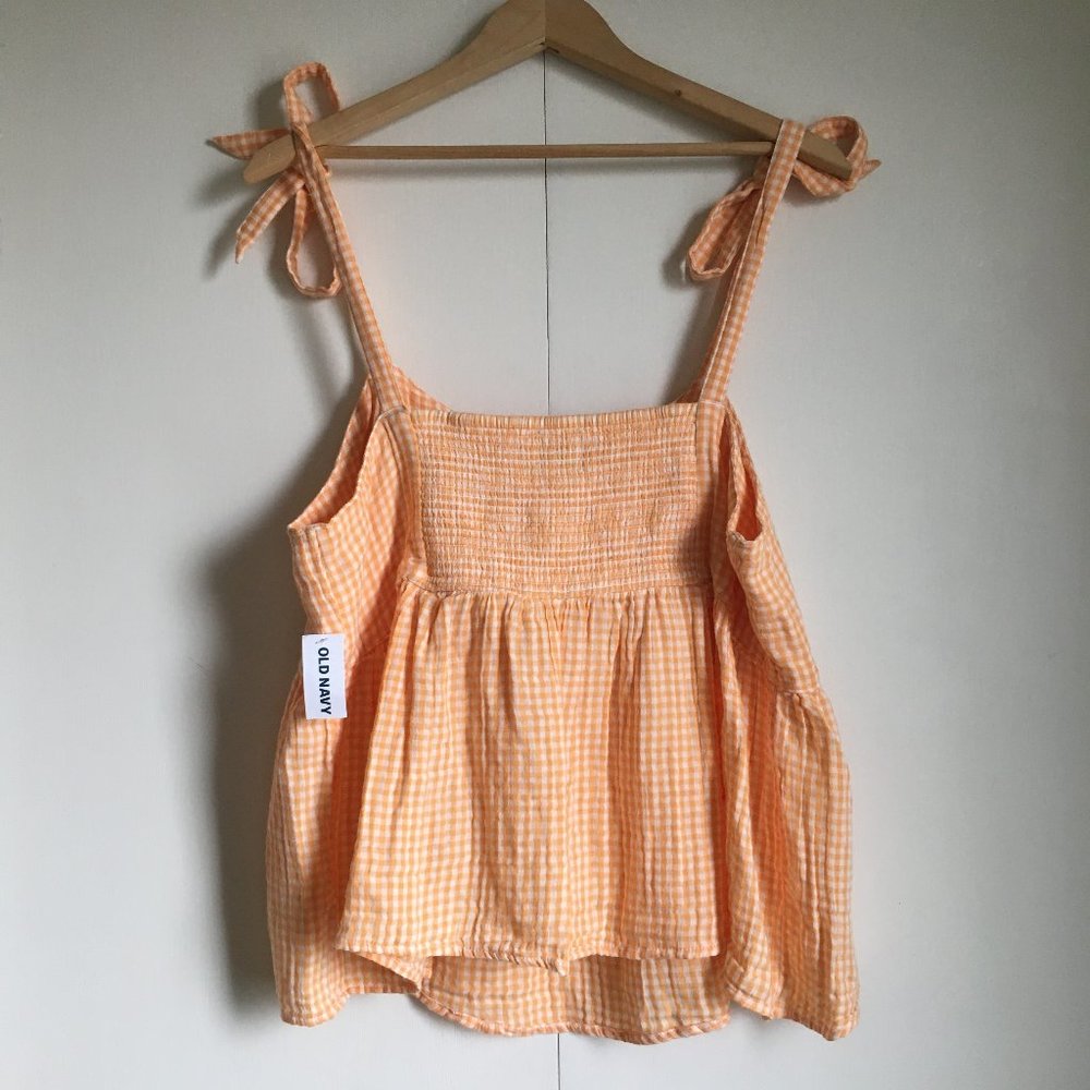 Old Navy NWT 100% Cotton Orange Gingham Smocked Tie Shoulder Tank Large - Picture 2 of 16